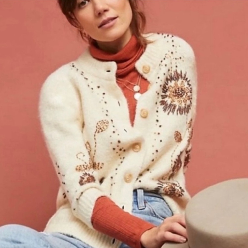 Anthropologie Field Flower Beaded Cream Button Cardigan